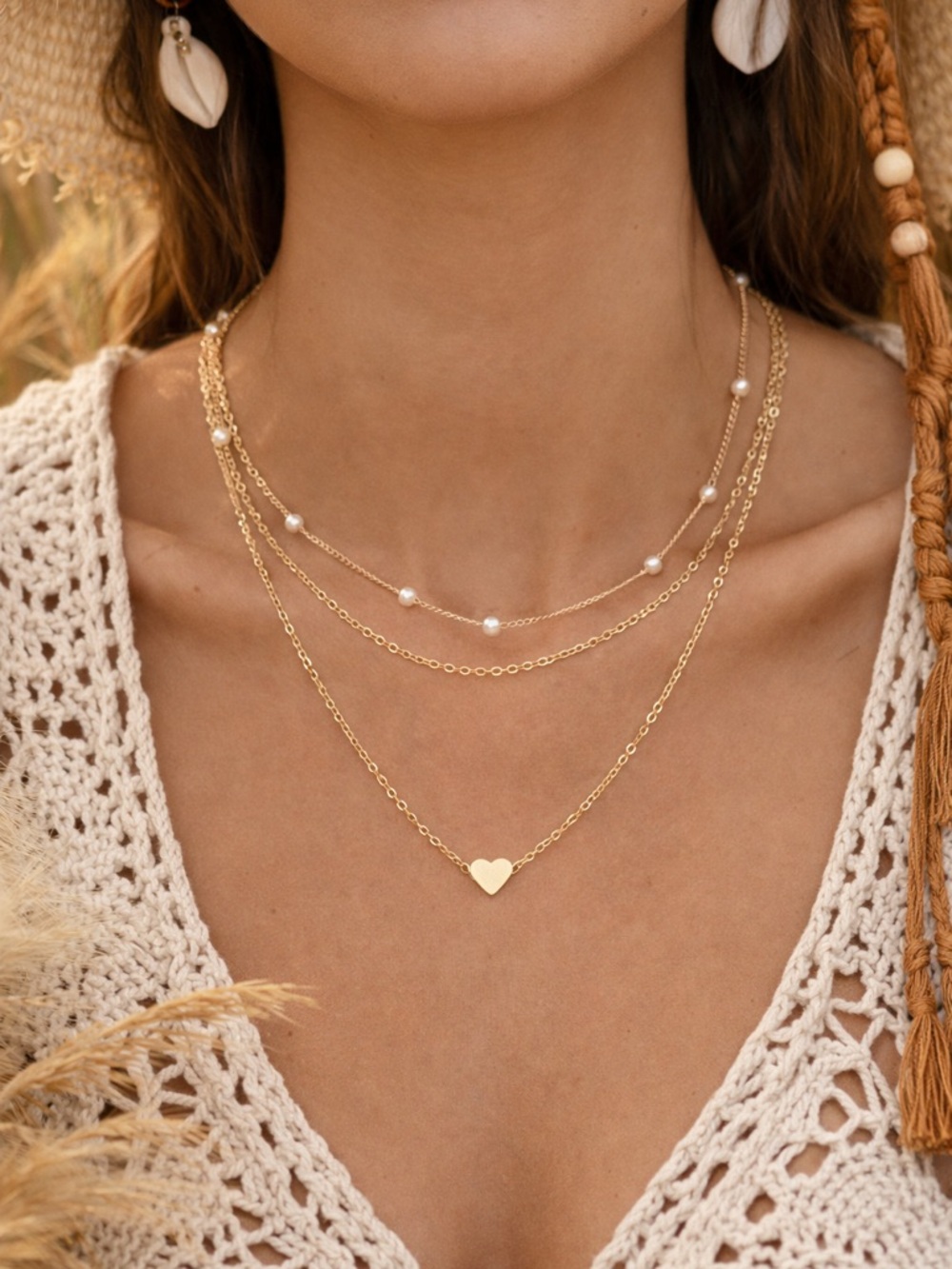 Boho Layered Gold Necklace Set Heart Pendant Pearl Chain 3pc